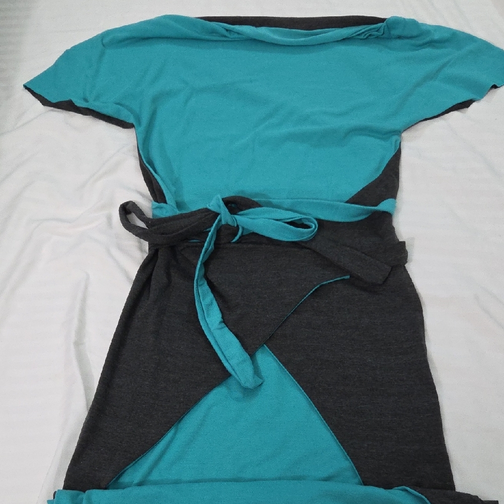 WRAP DRESS, Two-Tone Teal and Gray Midi Dress